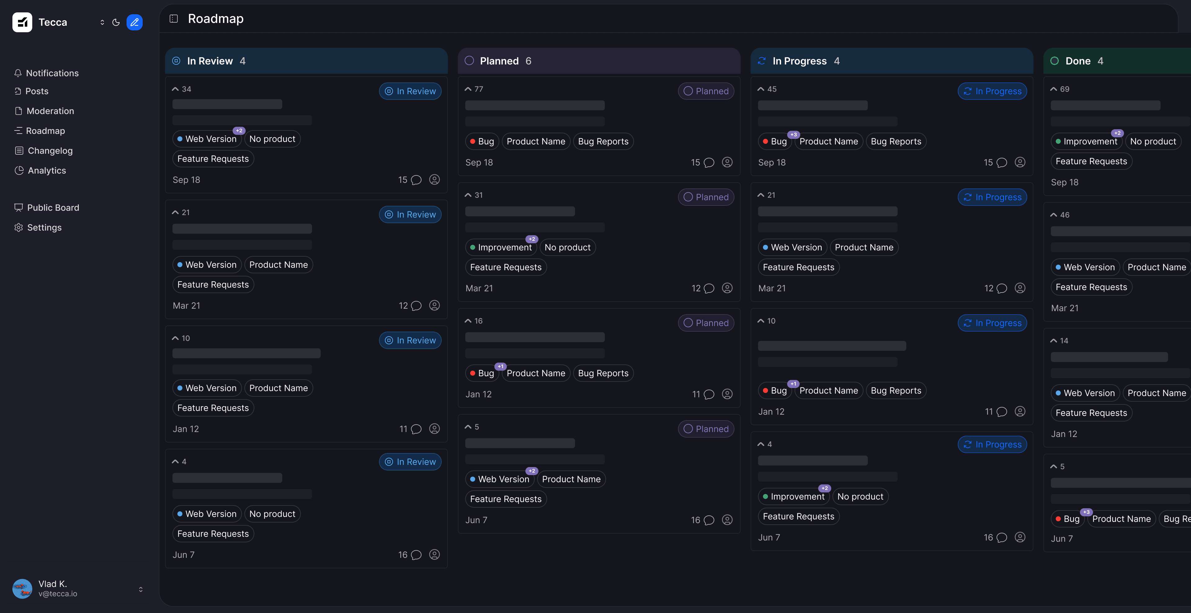 Tecca roadmap view with feedback items organized by status